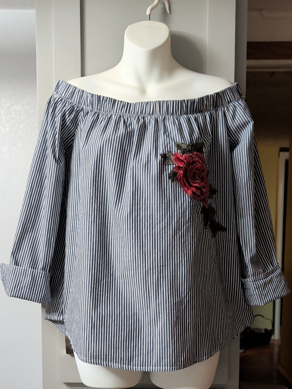 Active USA Navy-and-White Striped Off-Shoulder Blouse with Red Rose Applique